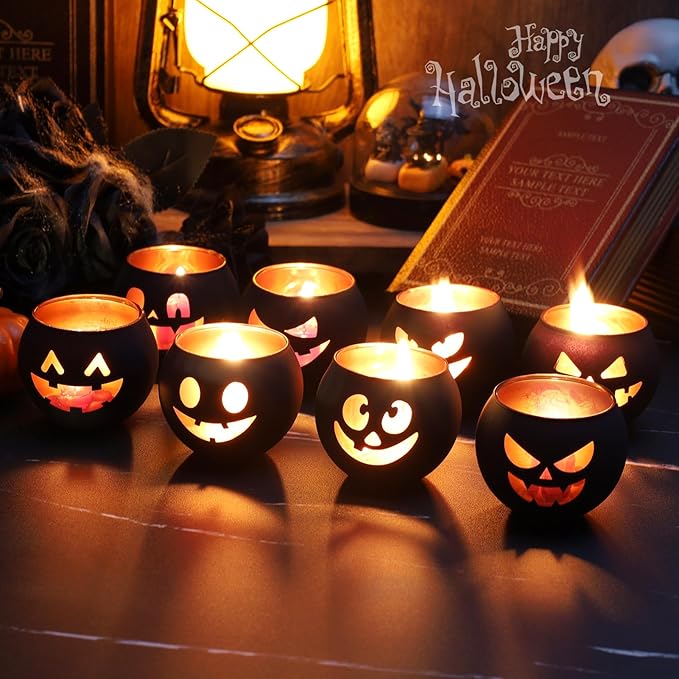Set of 8 Halloween Candle Holder, Tealight Grimace Holder, Black Votive Candlesticks for Table Centerpieces Party Decoration
