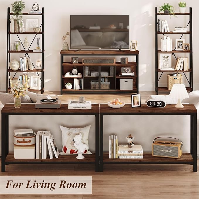 BON AUGURE 2 Tier Console Table for Entryway, Metal Wood Sofa Table Behind Couch for Living Room, Industrial Entry Tables for Hallway, Foyer, Front Door, Entrance (Rustic Oak, 47 Inch)