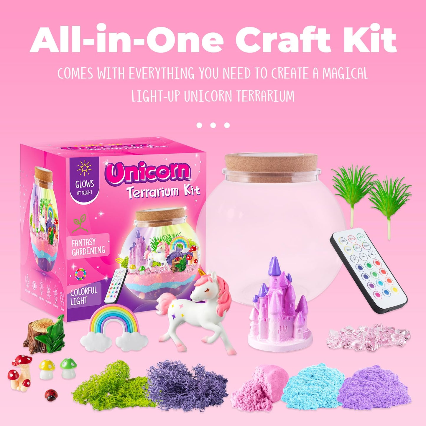 Unicorn Light-Up Terrarium Kit for Kids - LED Night Light Birthday Gift for Girls Ages 4 5 6 7 8-12 Year Old - Unicorn Toys for Girls - DIY Arts and Crafts Kit for Kids