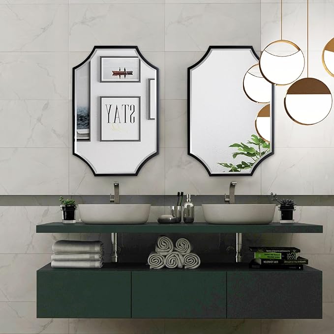 Kelly Miller Scalloped Black Bathroom Mirror for Wall, 24"x36" Black Mirror Decorative Wall Mirror Art Framed Mirror Bevelled for Master Bath Half Bath Living Room Fireplace Mantle Entryway Hallway