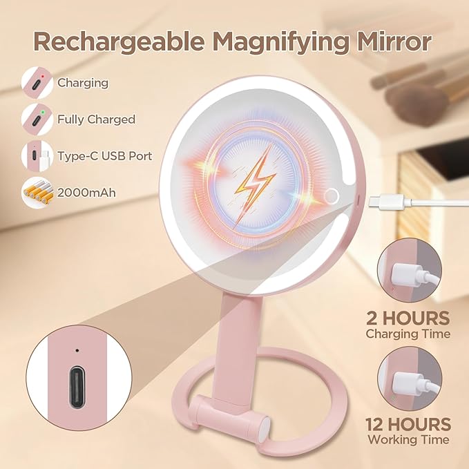 Makeup Mirror with Lights - 360° Rotation, 3 Color Modes (Dimmable), 1X/10X Magnifying Double-Sided Mirror, Rechargeable & Portable Vanity Mirror with Touch Control for Tabletop, Home, Travel Pink