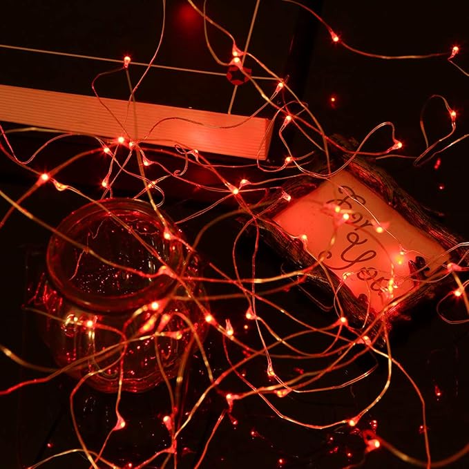 Mikasol Fairy Lights Battery Operated, 4 Packs Mini 3*AAA Battery Powered Copper Wire Led Starry String Lights Firefly Lights for Bedroom, Christmas, Parties, Decoration (5m/16ft Red)