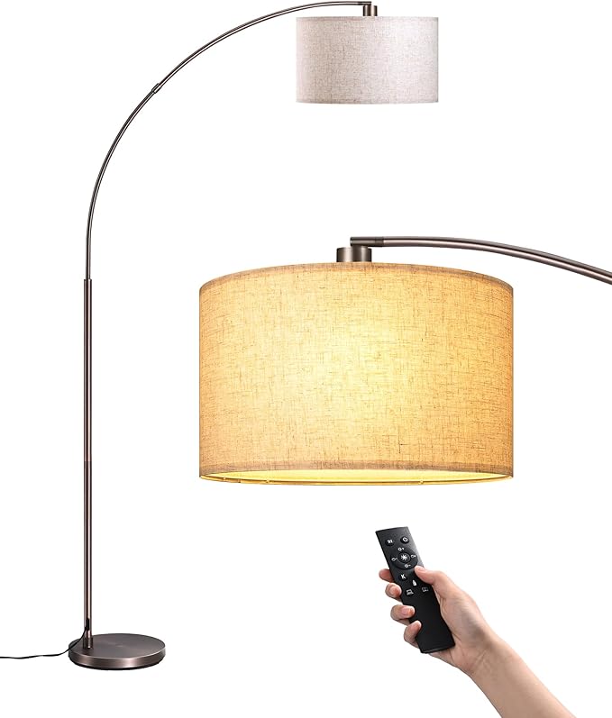 EDISHINE Dimmable Mid Century Modern Floor Lamp with Remote, Tall Arc Standing Lamps with Adjustable Drum Shade, Standing Corner Light for Living Room, Bedroom, Dining Room, Bronze