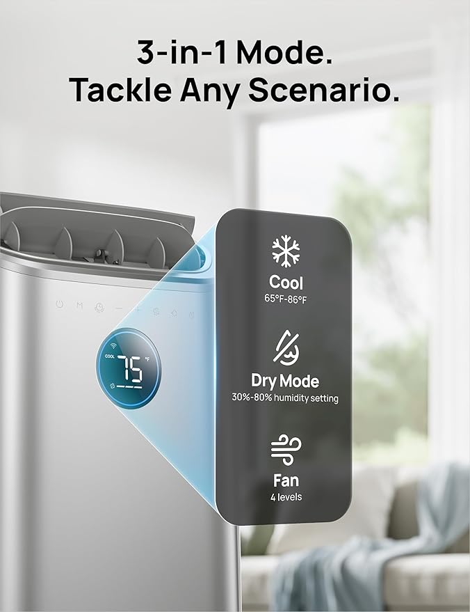 DREO Portable Air Conditioners, 14000 BTU AC Unit for Bedroom with Drainage-Free Cooling, 3-in-1 with Fan & Dehumidifier, Touch/APP/Voice/Remote, 24h Timer, Smart Floor AC for Room Indoors, AC516S