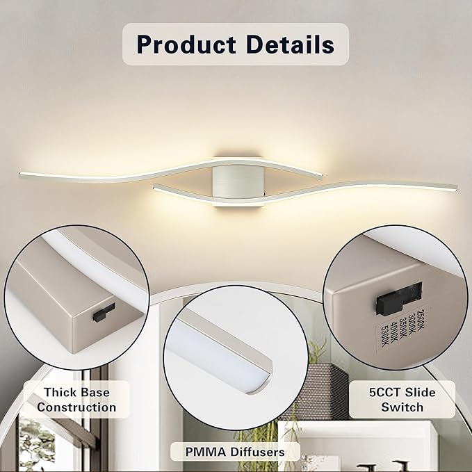 Joossnwell Brushed Nickel Vanity Light for Bathroom Lights Fixtures Modern 5CCT Dimmable Vanity Lights Bar 39.37 Inch Led Bath Light Fixtures Over Mirror