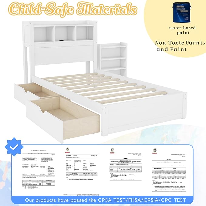 Kids Twin Bed Frame with Drawers & Storage Headboard, Solid Wood Platform Bed with Pull-Out Cabinet, Built-in LED Light & Charging Station, No Box Spring Needed, White