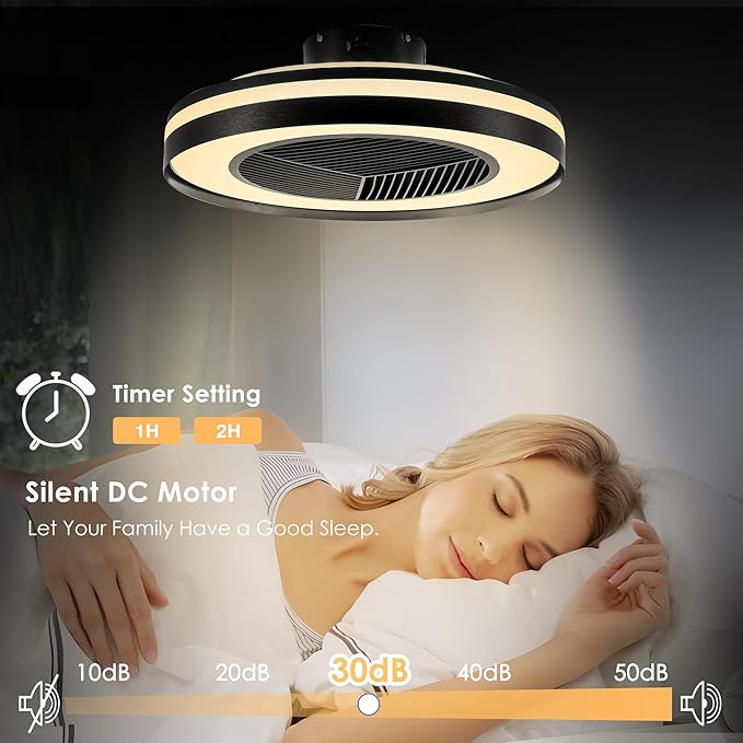 Smart Low Profle Ceiling Fans with RGB Lights Remote/APP/Voice Control, 20" Bladeless Ceiling Fans with 6 Speeds, Timer, Quiet DC Motor, Ceiling Fan with Light for Kids Bedroom/Living Room