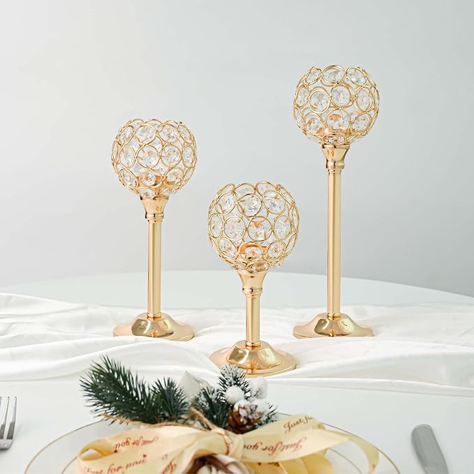 Elegant Crystal Candle Set of 6- Gold Tealight Holders, Votive Candelabras & Bowl Centerpiece Bulk for Dining Table, Wedding Decor