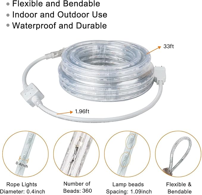 SURNIE Rope Lights Outdoor Waterproof Daylight White: LED 33FT Cuttable Outside Bright 110V Lighting 6000K Flexible Cool Clear Tube, Indoor Deck Patio Xmas Camping Decor, Not Flat Strip