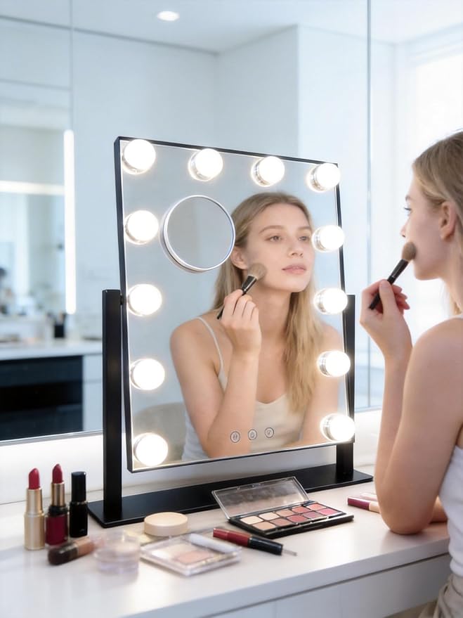 Makeup Vanity Mirror with Lights 17.12"x13.77" LED Makeup Mirror Detachable 10X Magnification, Hollywood Make Up Mirror with Lighting, Smart Touch, Rechargeable,360° Rotation, (Black)