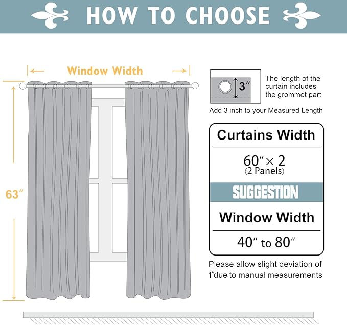 ChrisDowa 100% Blackout Curtains 63 inch Long for Bedroom with Black Liner, Extra Wide 2 Thick Layers Total Blackout Thermal Insulated Grommet Window Curtains 2 Panels Set (Grey, 60 x 63 Inch)