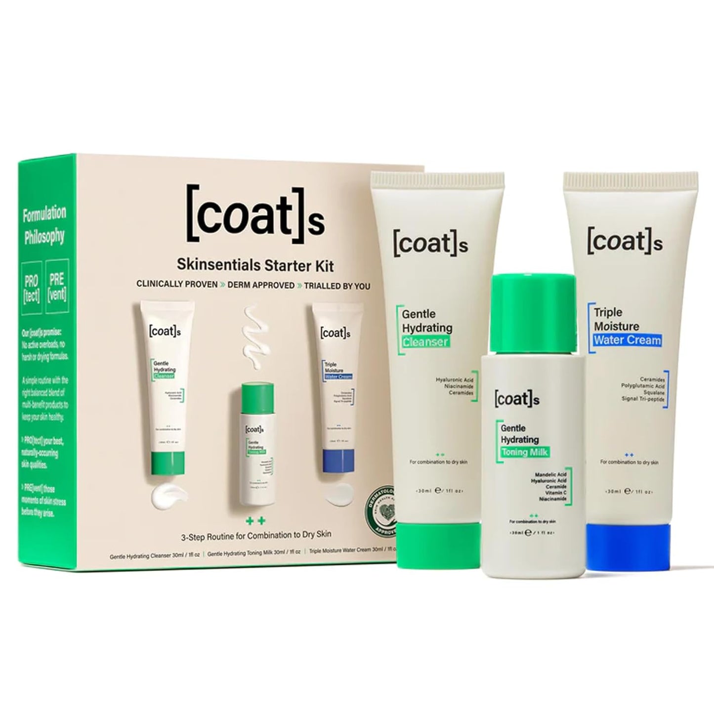 Coats Skinsentials Starter Bundle â Travel-Size Cleanser 1 oz, Toner 1 oz & Moisturizer 1 oz â 3-Step Regimen Prevents Breakouts and Protects Skin Barrier with Ceramides, For Women and Men