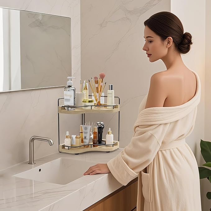 2-Tier Corner Bathroom Counter Organizer with Embedded Screw Holes, Secure & Stable Wood Vanity Shelf for Makeup and Skincare Essentials - Space Saving Bathroom Countertop Storage, Light Walnut