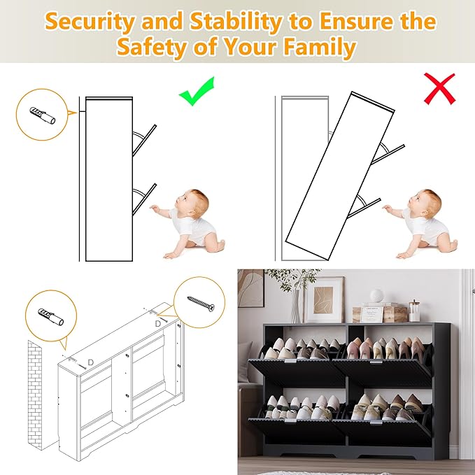Large Shoe Cabinet for Entryway, Shoe Rack Cabinet with 4 Flip Drawer and Adjustable Shelves for Small Apartment, Foyer