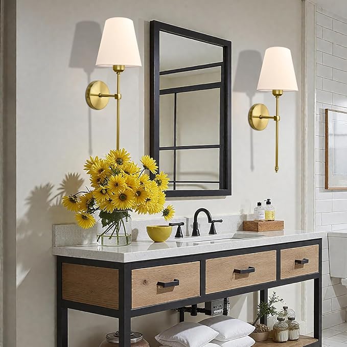 Bsmathom Wall Sconces Sets of 2, Hardwired Classic Brushed Brass Sconces Wall Lighting, Bathroom Vanity Light Fixture with Fabric Shade for Bedroom Living Room Hallway Kitchen, Bright Gold