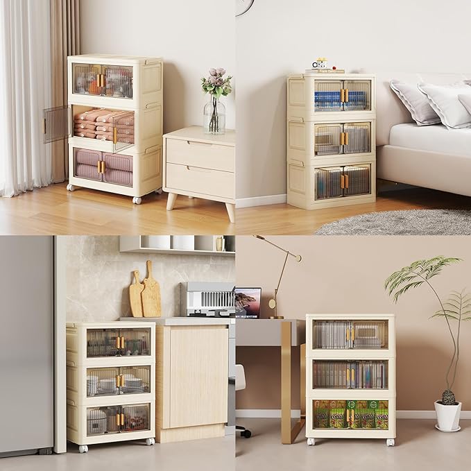 3 Tier Stackable Plastic Storage Bins with Lids 58QT, Collapsible Closet Organizers and Storage with Wheels for Living Room,Office,Dorm