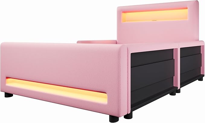 MERITLINE Twin Size Upholstered Platform Bed with Drawer, App-Controlled RGB LED Light Strip & USB Port, PU Fabric Storage Bed (Pink) | LED light, Storage Drawer