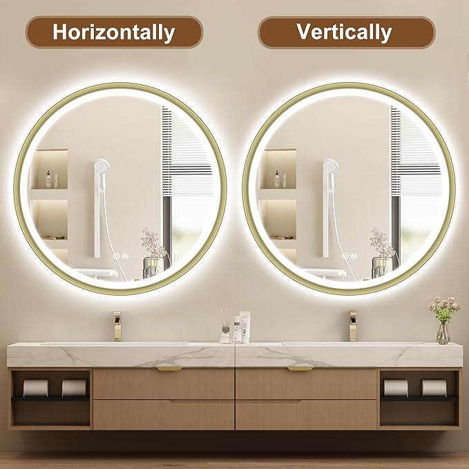 S'bagno 24'' Round Gold LED Mirror for Bathroom with Frontlit & Backlit, LED Vanity Mirror with Metal Frame, Anti-Fog, Stepless Dimmable, 3 Colors Temperature