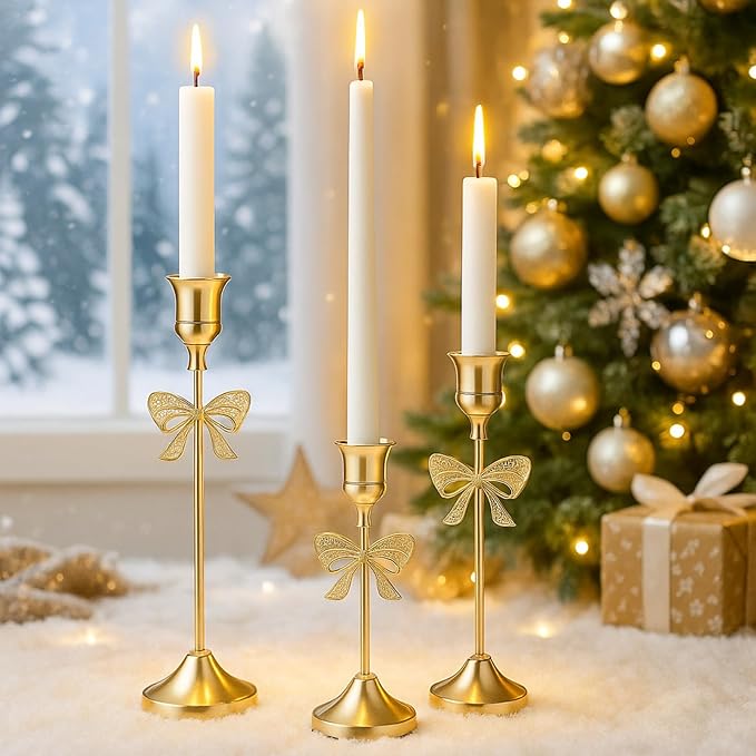 6 Pcs Christmas Candle Holders 3 Size Gold Taper Candlestick Holders Set Vintage Decorative Centerpiece for Table Mantel Wedding Housewarming Thanksgiving Gifts (Bowknot)