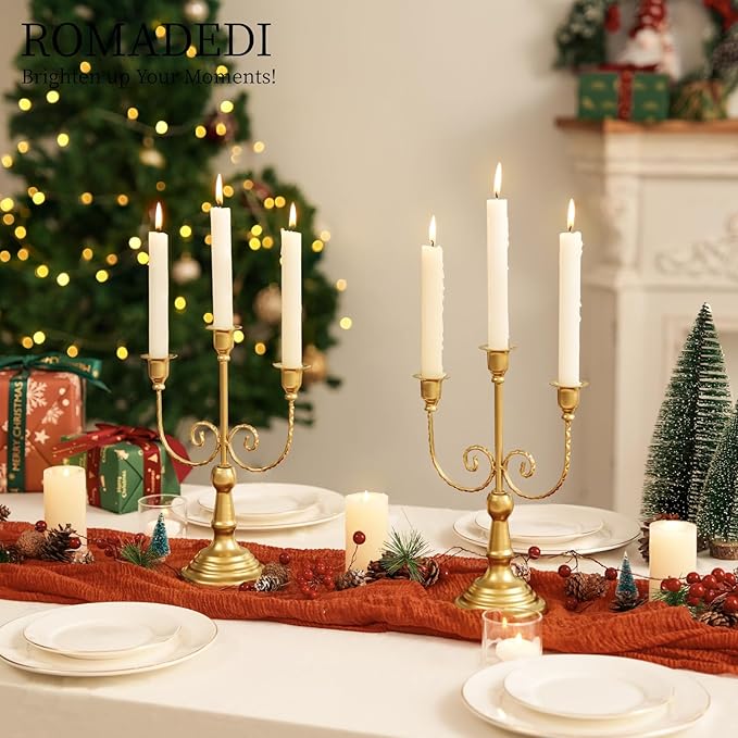 Romadedi Candelabra Gold Candle Holders - 3 Arm 11.8" Wedding Candlestick Holder for Theme Party Table Centerpiece Decor Dining Room Birthday Holiday Christmas, Set of 6