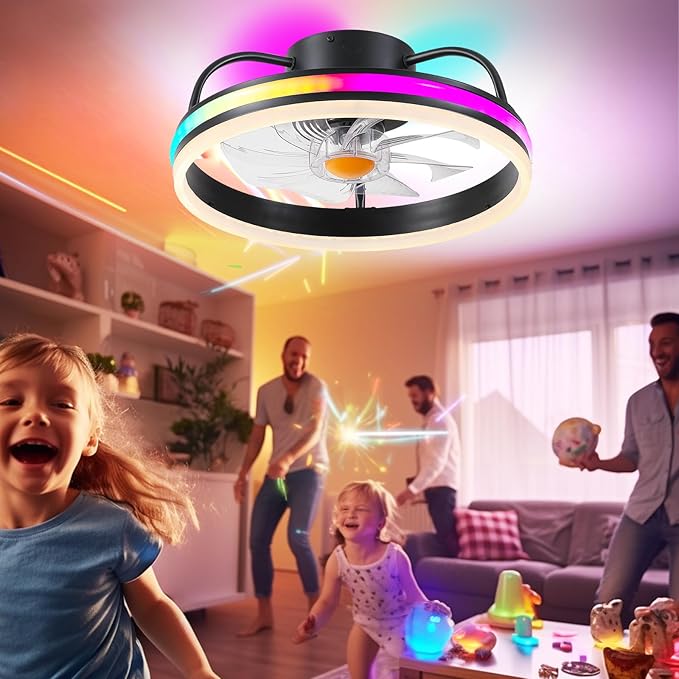 Ceiling Fan-Low Profile Ceiling Fan with Light - Modern Flush Mount Ceiling Fan,16" RGB Dimmable LED Enclosed Ceiling Fans,Modern Bladeless LED-RGB Ambient Light for Bedroom Kids Room Party(Black)