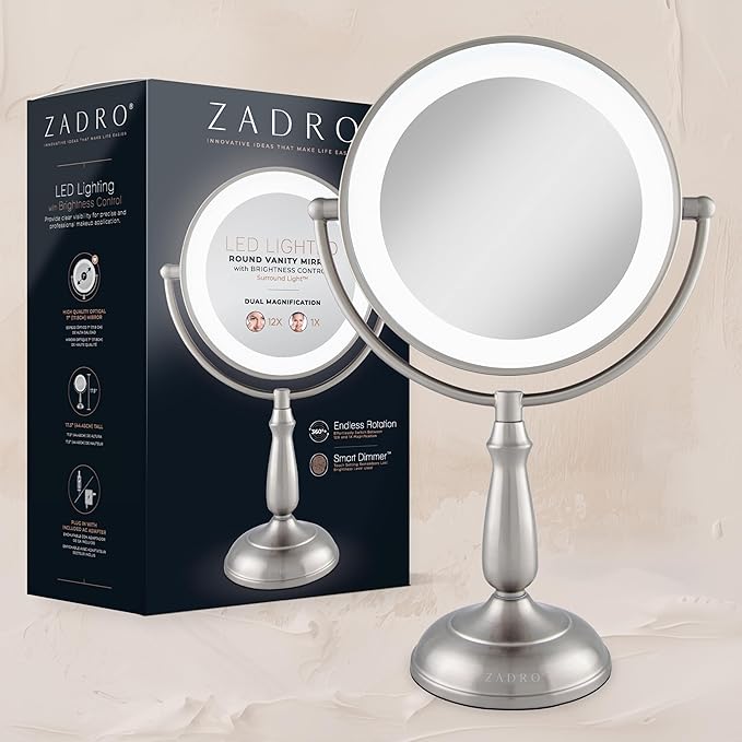 Zadro 11" Makeup Mirror with Lights and Magnification Dimmable Touch LED Lighted Makeup Mirror with Magnification (Large | 11" x 17" | 5X/1X, Satin Nickel)