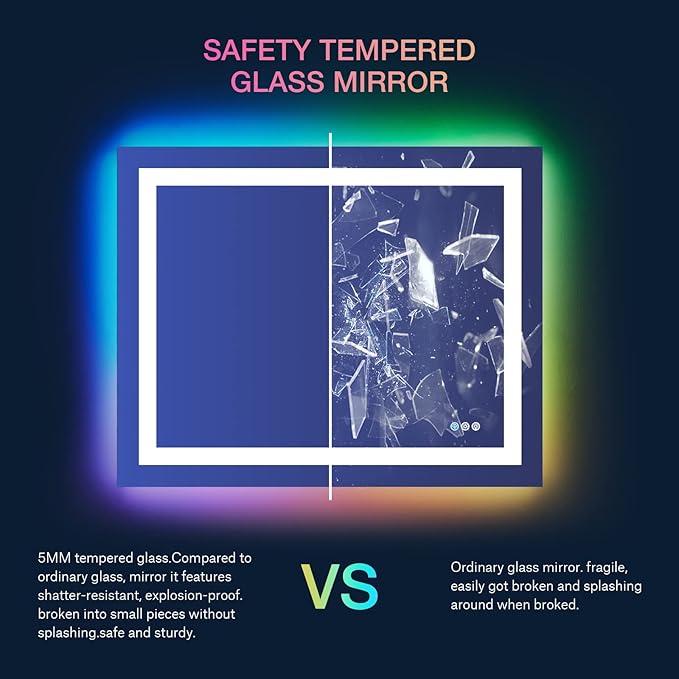 LOAAO 40”X30“ RGB LED Bathroom Mirror with Lights for Bathroom, Anti-Fog, Dimmable,Multiple Light Modes, RGB Backlit + Front Light, Memory Function, Tempered Glass