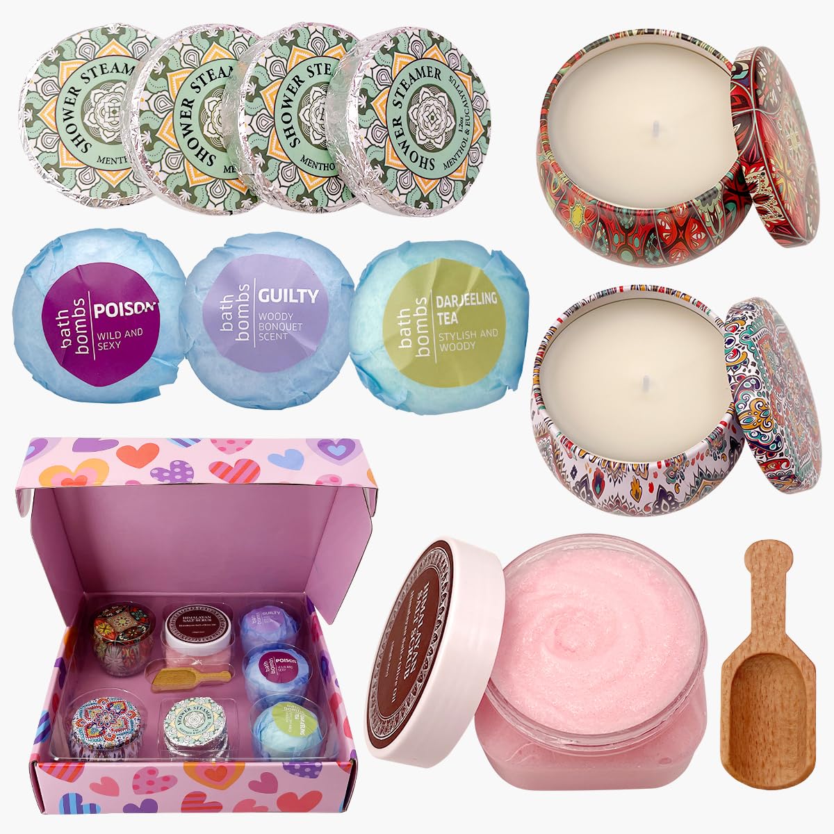 Birthday Gifts For Women-Assorted 4 Shower Steamers, 3 Bath Bombs, 2 Scented Candles, and 1 Exfoliating Body Scrub - Gifts for Mom, For Women, For Wife and Girlfriendâ¦â¦