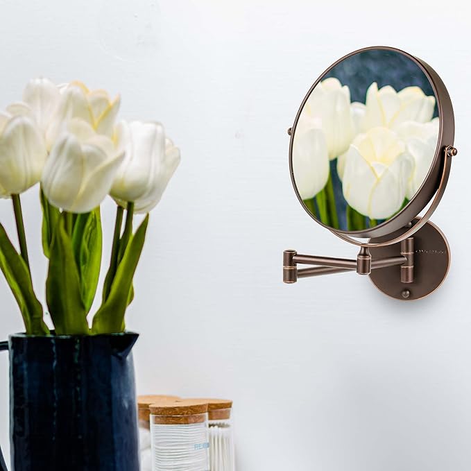 OVENTE 9" Wall Mounted Makeup Mirror with 1X/7X Magnification, Double Sided Magnifying Round Bathroom Vanity Mirror, 360° Swivel Design, Extendable and Folding Arm, Antique Bronze MNLFW90ABZ1X7X