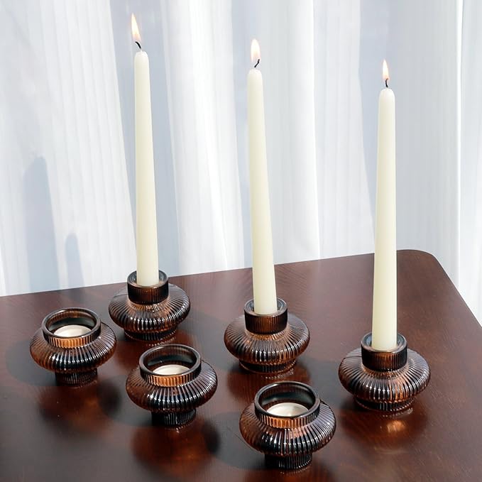 VOHO 12pcs Brownish Amber Candle Holders for Fall Decor, Vintage Ribbed Candlestick Holders Centerpiece Table Decorations, Heavy Glass Taper Candle Holders for Candlesticks/Votive Candles