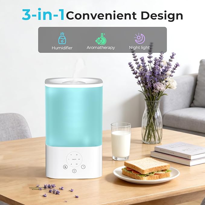 Cool Mist Humidifiers for Bedroom,3.2L Humidifiers for Baby Nursery&Plants,7-Color Light,Oil Diffuser,Top Fill,360°Nozzle,Timer,24DB Quiet,BPA Free,Tap to Operate,White
