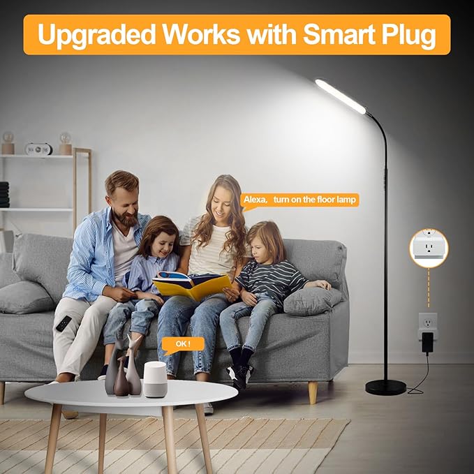 Floor Lamp, 18W 1800LM Super Bright LED Floor Lamp with Remote & Works with Smart Plug, Dimmable Timing Eye Caring Reading Lamps Floor Standing for Living Room Bedroom Office