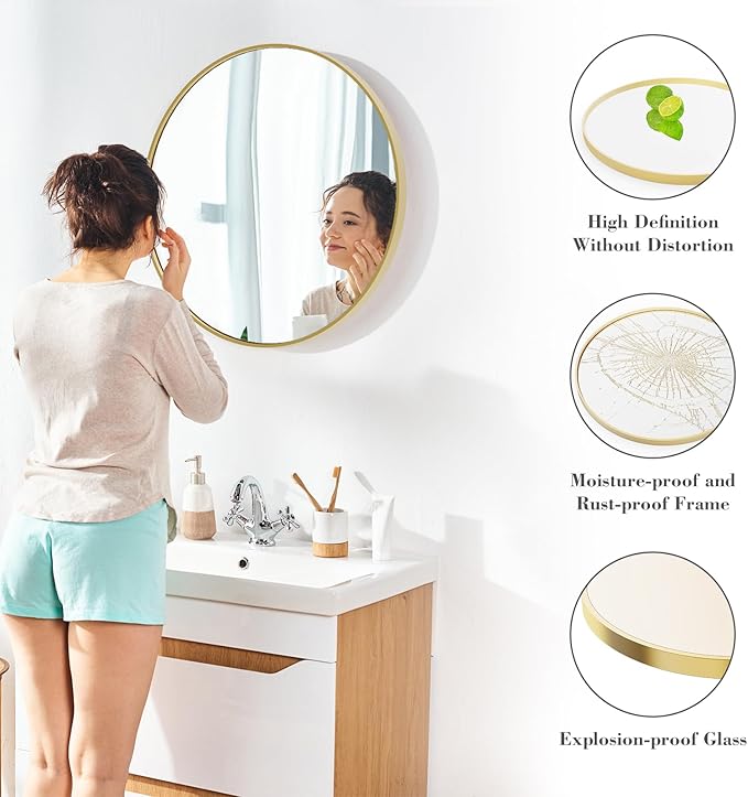 Sweetcrispy 30in Round Bathroom Mirrors for Wall, Bathroom Mirrors for Over Sink, Wall Decor for Bathroom, Entryway, Bedroom, Vanity, Classical Gold