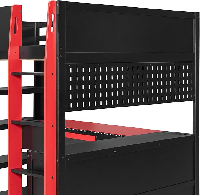 Full Size Gaming Loft Bed with Integrated Desk & RGB LED Lights,Bunk Bed with Power Outlet, Large Bookshelf, Pegboard, Keyboard Tray & Drawer (Red-Bo, Full)