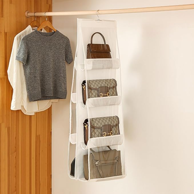 HAN SHENG 8 Pockets Clear Handbag & Purse Organizer Hanging Bag Storage - Space Saving Hanging Shelf for Closet, Wardrobe, Over Door (1 Pack, White)