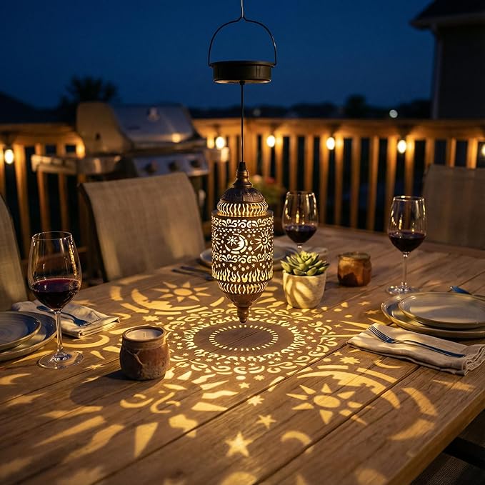 Moroccan Hanging Solar Lights Outdoor Garden Decor Sun and Moon Decorations Solar Lantern Waterproof for Patio Pathway Yard Backyard Garden Decorative (Cylinder, 1)