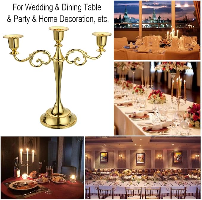 OwnMy 3 Arms Metal Candelabra Candlestick Silver European Elegant Candle Holder Candle Stand for Wedding Dining Table Christmas Party Home Decoration (Golden Tone)