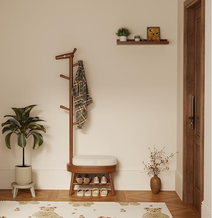 AQIMUELE Shoe Bench Entryway,Coat Rack with Shoe Storage, Coat Rack and Shoe Rack, Wooden Narrow Shoe Bench(Walnut)