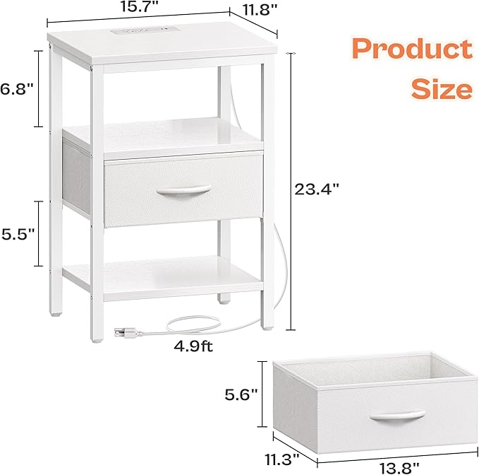 SUPERJARE Nightstand with Charging Station, Bed Side Table with Adjustable Fabric Drawer, Night Stand for Bedroom, 3-Tier Storage End Table, for Living Room, White