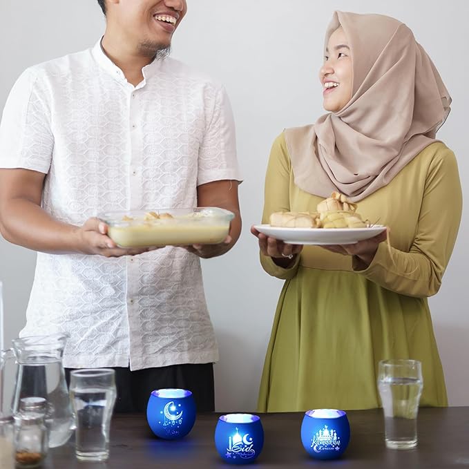 VIHOSE 3 Set Ramadan Decorations Eid Mubarak Votive Candle Holders Ramadan Glass Tea Light LED Battery Operated Candles Flameless Lights for Home Mubarak Party Islamic Muslim Table Centerpieces Decor