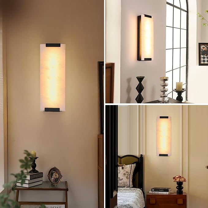 14.2in Alabaster Wall Sconce Hardwired, Large Vertical Natural Marble Wall Light Decor, LED Modern Alabaster Wall Lamp for Bedroom, Stairs, Living Room, Vanity, Bedside, Hallway, Bathroom(Black 12W)