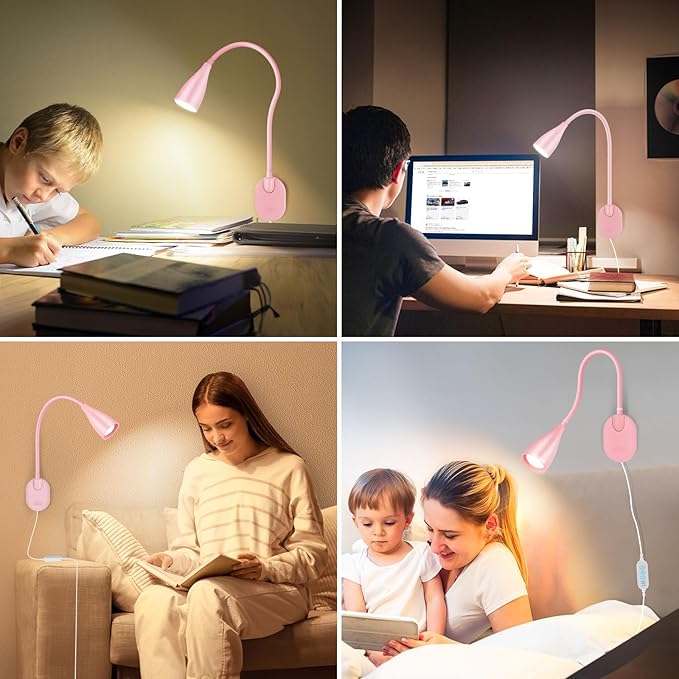 Wall-Mounted LED Bedside Reading Light with USB Charging Port, 10-Level Dimmable & Adjustable 5 Color, Plug-in Adhesive Night Lamp for Books in Bed, Eye-Caring Bedroom Lighting (Pink)