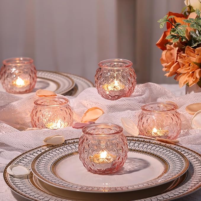 DARJEN Pink Votive Candle Holders Set of 24- Round Glass Candle Holders Bulk for Flameless LED Tea Waxes, Romantic Candle Holder for Wedding & Home Table Decor, Various Parties