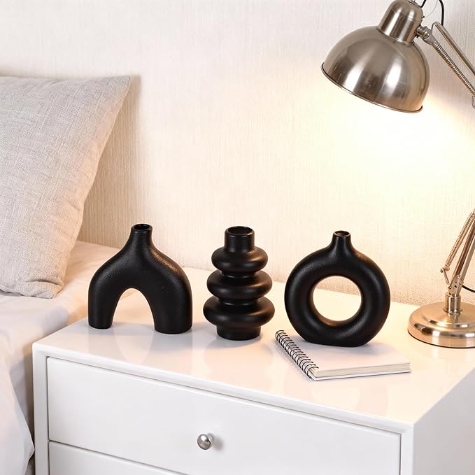 Ceramic 3 Pcs Vase Set,Modern Home Decor Table Centerpiece,Minimalist Nordic Vases, Wedding, Living Room, Bookshelf, Office, Modern Home, Entryway Boho Decor (Black)