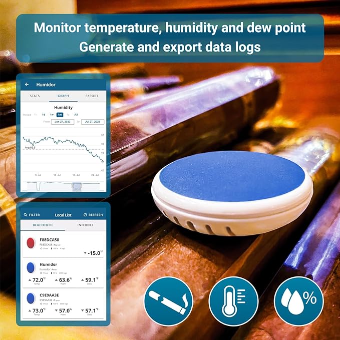 Bluetooth Compatible Thermometer, Hygrometer & Dew Point Sensor and Logger, Smart Temperature Humidity Monitor, Unlimited Phone Storage. Simple Data Export. Made in USA