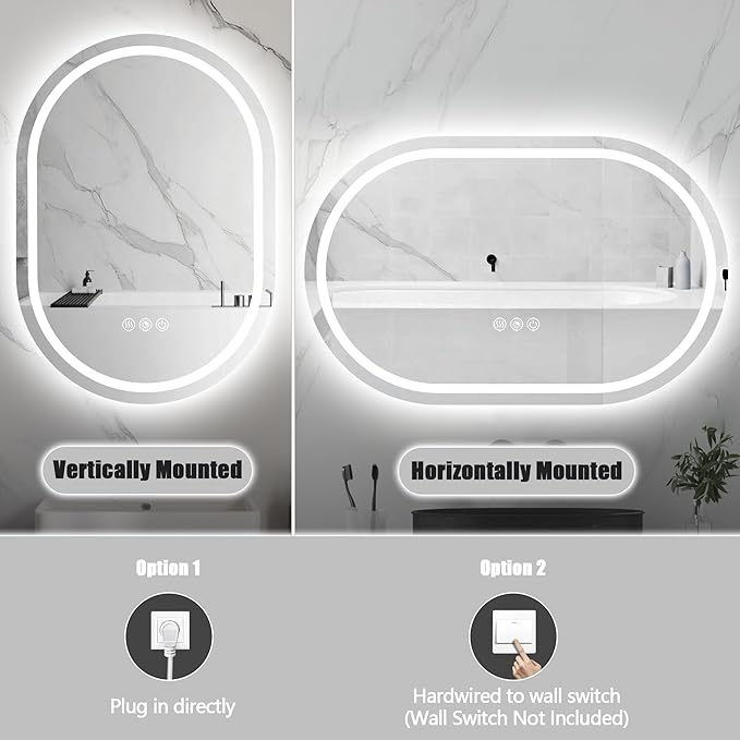 Oval LED Mirror for Bathroom Wall 28 x 40 Inch,Oval Frameless LED Bathroom Vanity Mirror,Lighted LED Mirror with 3 Color Lighting,Dimmable, Anti-Fog(Horizontal/Vertical)