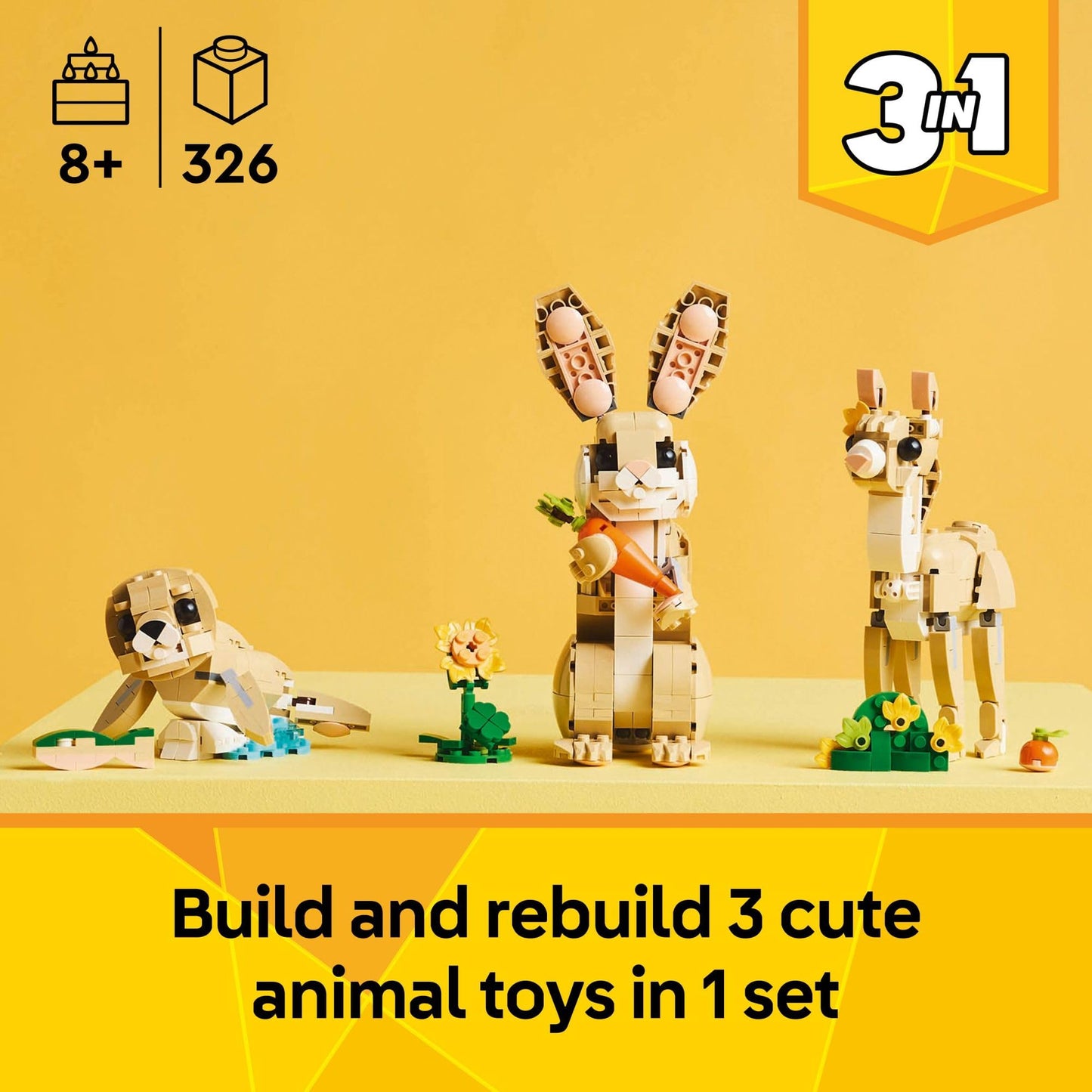 LEGO Creator 3 in 1 Cute Bunny Toy - Building Toy Set with 3 Build Options, Bunny, Seal, or Llama - Birthday Gift & Craft - Animal Figures for Kids, Girls and Boys, Ages 8+ - 31162
