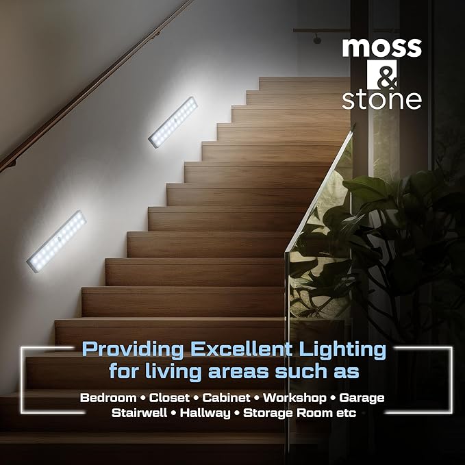 Moss & Stone 3 Pack Motion Sensor Under Counter Lights, Wireless USB Rechargeable Kitchen Night Lights 24-LED, Magnetic Self-Adhesive for Cabinet Lighting & Cupboard Motion Activated Night Light Bar