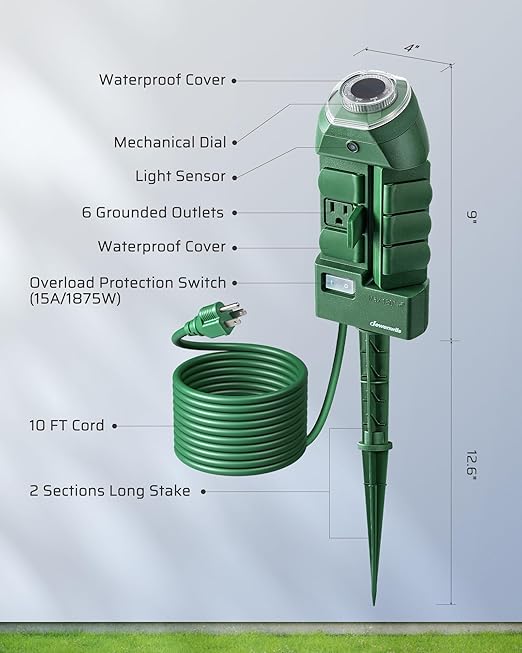DEWENWILS Outdoor Power Strip Timer with Photocell, Weatherproof Countdown Light Control, 6 Outlets 10ft Cord Dusk to Dawn Outdoor Timer for Lights, Yard, 1875W/15A UL Listed