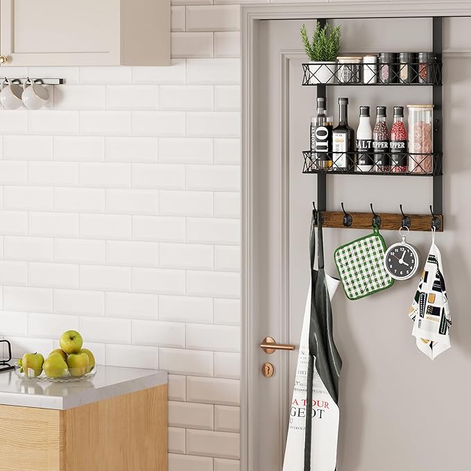 YINMIT Over The Door Hooks Organizer, Over Door Storage with 5 Hooks and 2 Mesh Baskets, Door Hanger Hook, Over The Door Towel Rack, Over Door Hanger for Bathroom, Bedroom, Kitchen